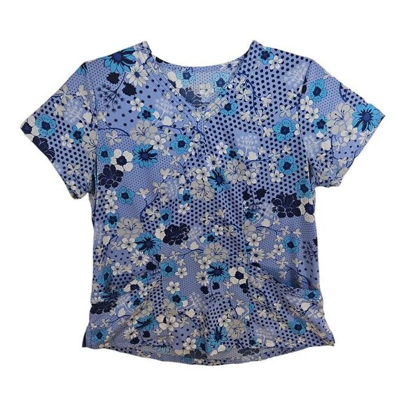 Happy Scrubs Tops - Happy Scrubs Navy Blue Floral V-neck Scrub Top Size L